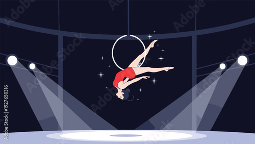 Graceful female aerialist performs an acrobatic routine on a hoop high above a stage lit by spotlights during a professional circus show.