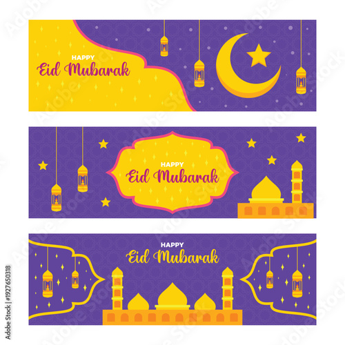 Eid mubarak banners featuring crescent moons stars and islamic architecture