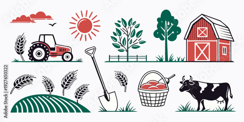 A vibrant illustration showcasing various farm animals and crops in a rural setting. Vector