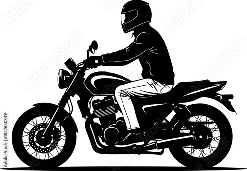 Black and white vector illustration of a man wearing a helmet and jacket riding a classic cafe racer motorcycle isolated