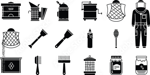 Collection of black beekeeping equipment icons and honey production tools isolated on white
