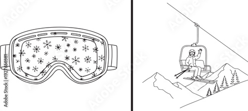 Minimalist line art of ski goggles filled with a snowflake pattern, paired with a sketch of a skier waving from a chairlift as they ascend a snowy mountain peak.