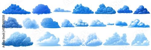 A collection of blue and white cloud illustrations of various shapes and sizes on a white background