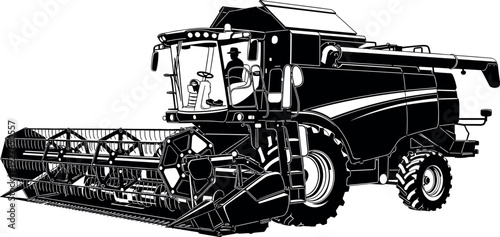 Black and white vector illustration of a modern combine harvester with driver in cabin isolated on white background for agriculture