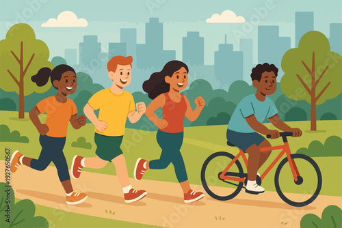 flat vector illustration of diverse people jogging and cycling in a city park