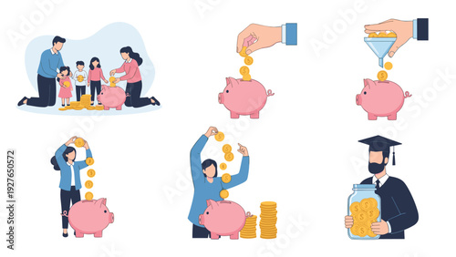 Set of illustrations shows various ways to save money using a piggy bank and investing in a child's education or future financial goals.