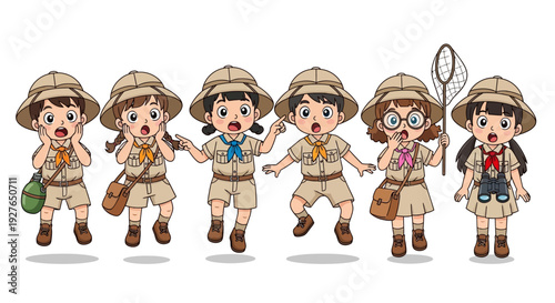 Group of diverse cartoon children explorers wearing safari hats ready for adventure outdoors
