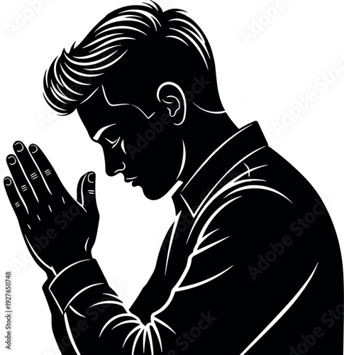 Black and white vector illustration of a young man praying with folded hands and closed eyes in a silhouette style.