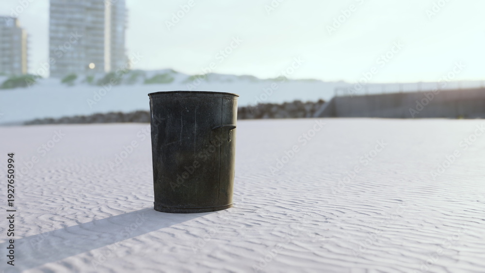 Naklejka premium A solitary trash can stands on a quiet beach at sunrise. The soft sands glisten in the light, while nearby buildings loom in the background, creating a unique contrast.