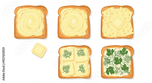 Sequential steps of preparing a delicious sandwich include spreading butter, adding cheese, and topping with fresh herbs.