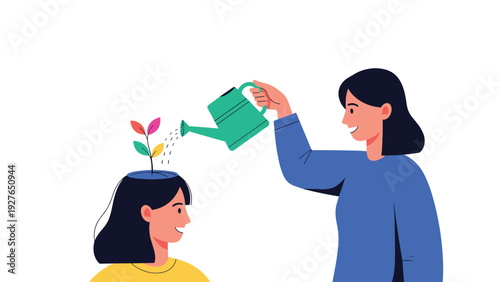 Concept illustration shows a person watering a small plant growing out of a woman's head to symbolize personal growth and mental wellness.