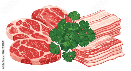 Selection of raw meat cuts including marbled beef steaks and sliced bacon strips are decorated with green parsley.