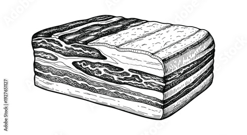 Intricate black and white etching depicts a large block of salted pork belly or bacon showing layers of fat and meat.
