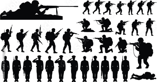 Military soldiers silhouette set with armed forces poses, army combat stances and marching troops black vector collection