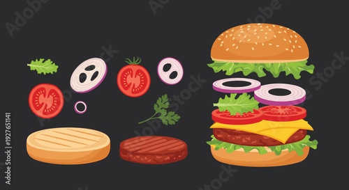 Burger ingredients like buns, patties, onions, and tomatoes are shown both separately and as a finished tall stack.
