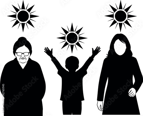 Black and white vector silhouette of grandmother mother and child with sun symbols representing family generations heritage growth and hope.