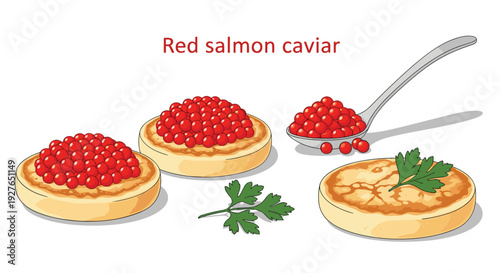 Gourmet red salmon caviar is served on small blinis with a silver spoon and fresh parsley leaves for a fancy snack.
