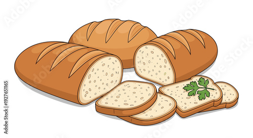 Three large loaves of golden brown bread are shown with several cut slices and a sprig of parsley for decoration.