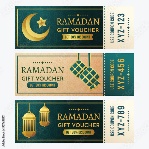 Ramadan gift voucher designs featuring Islamic motifs and discount codes