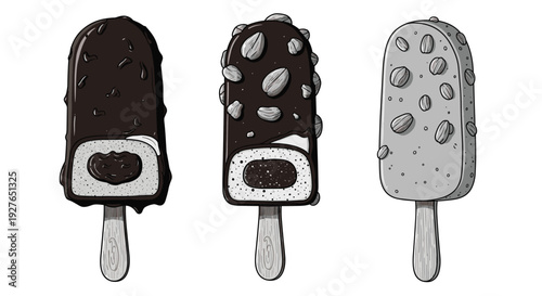 Selection of three ice cream bars on wooden sticks features chocolate coating, nut toppings, and creamy fillings.