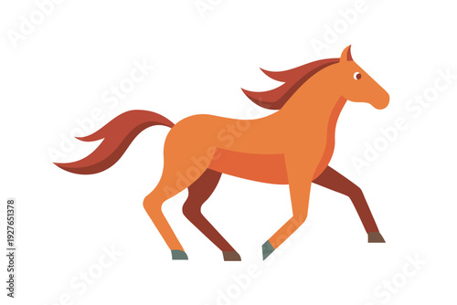 Vibrant orange cartoon horse depicted in a dynamic running pose on a white background