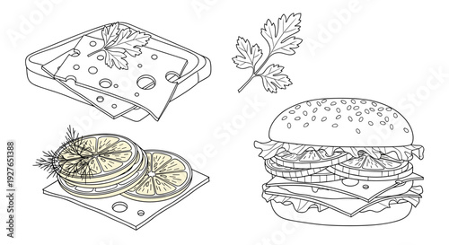 Black and white outline drawings show a hamburger, slices of cheese, lemon pieces, and a single leaf of parsley.