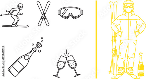 Minimalist vector set featuring icons of a skier, crossed skis, goggles, and popping champagne, alongside a yellow-line illustration of a skier standing with gear and a bottle.