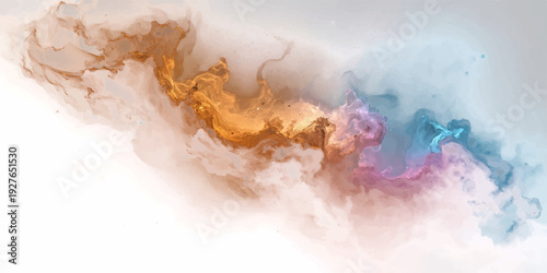 Abstract blue ocean waves with fire and smoke rising from flowing water under a cloudy sky.