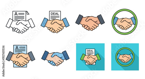 Collection of handshake icons in different styles, symbolizing business deals, agreement, and partnership concepts.