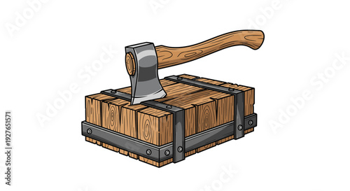 Heavy wooden block bound with metal straps holds a sharp steel axe used for chopping wood in traditional style.