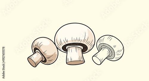Three fresh white button mushrooms with brown gills are arranged together on a light yellowish background.