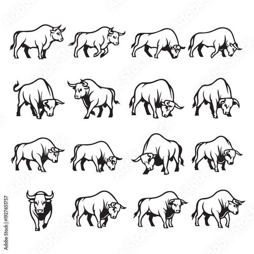 Collection of Bull Silhouettes in Various Poses Vector Art Livestock Icons