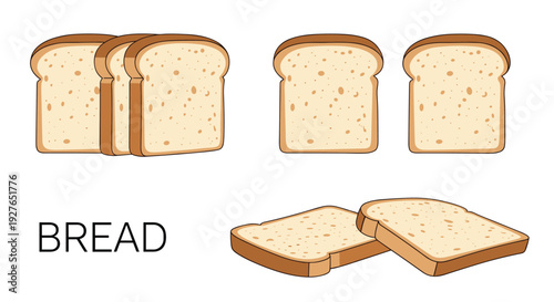 Several groups of fresh white bread slices and a couple of horizontal slices with the text bread on a white background.