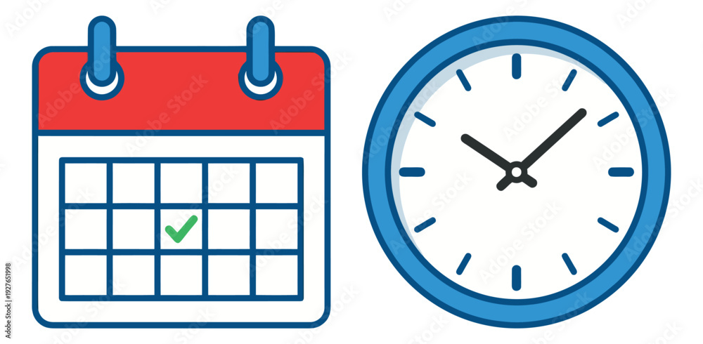 Fototapeta premium Flat design line art icons set featuring a calendar with a checkmark and a clock for scheduling and time management
