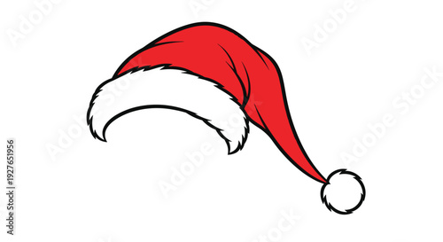 Classic red Santa Claus hat with a white fluffy brim and pom-pom at the end of the tail isolated on a white background.