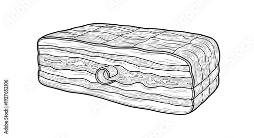 Detailed black and white line art illustration of a piece of layered pork belly with a curl of fat on a white background.
