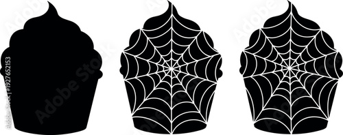 Black Halloween cupcake silhouettes with spider web design, spooky holiday vectors for laser cut, scrapbooking, stencils, and festive party decorations.