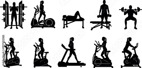 Black Gym Exercise Silhouettes Set Featuring People Using Treadmills Ellipticals Stationary Bikes Bench Press and Weightlifting Equipment for Fitness Design