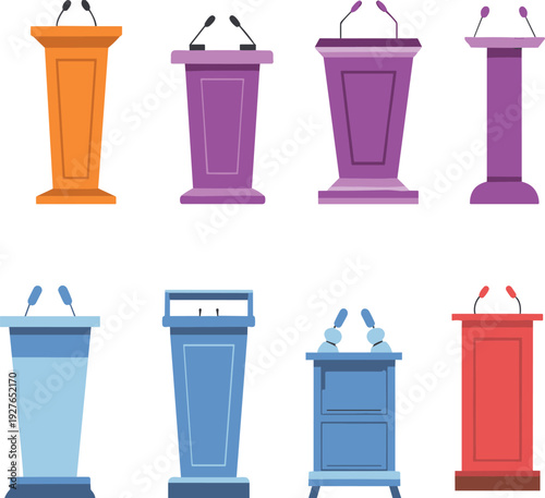 Podium lectern set with microphones, political debate stage tribune stand flat vector illustration collection isolated