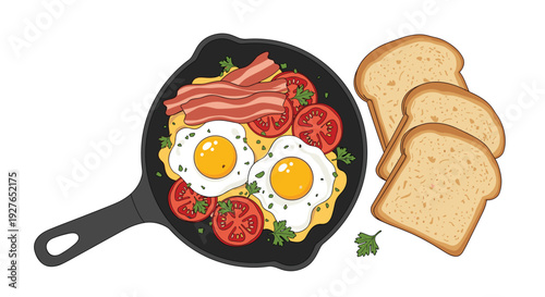 Breakfast serving featuring a cast iron skillet with fried eggs, bacon strips, tomatoes, and slices of toast on the side.