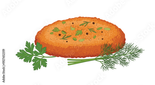 Golden brown fried breaded cutlet or fish fillet garnished with sprigs of fresh green parsley and dill on a white background.