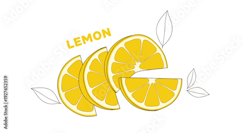 Stylized illustration of three bright yellow lemon slices and outlines of leaves with the word lemon in a bold yellow font on white.