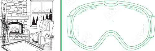 A minimalist vector graphic featuring a detailed black-and-white line illustration of a cozy fireplace and armchair next to green line art of modern ski goggles.