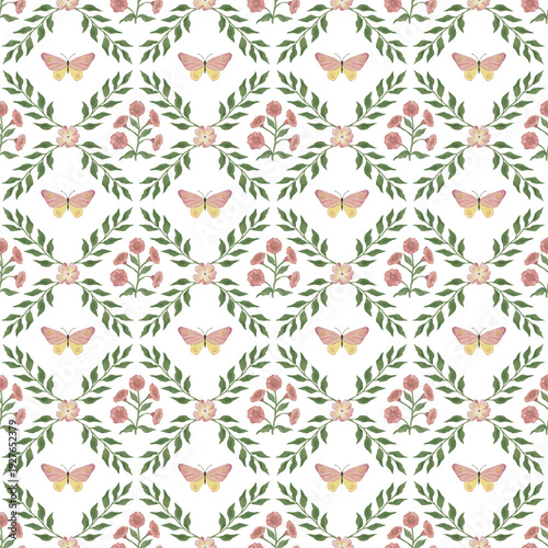 Canvastavla Floral and Butterfly Seamless Pattern on White Background
