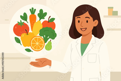Clean flat vector illustration of a smiling nutritionist presenting healthy food choices
