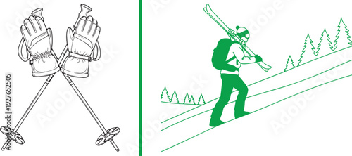 A green line-art vector graphic featuring crossed ski poles with gloves, paired with an illustration of a hiker carrying skis uphill through a forested mountain landscape.