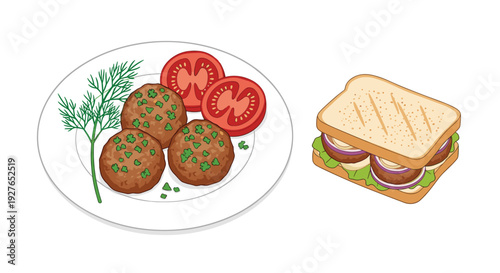 Plate of herb-sprinkled meatballs and tomato slices is shown next to a hearty meatball sandwich with red onion and lettuce.