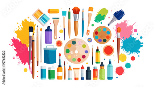 Painting Supplies Vector Set – Brushes, Palettes, Paint Bottles and Splashes
