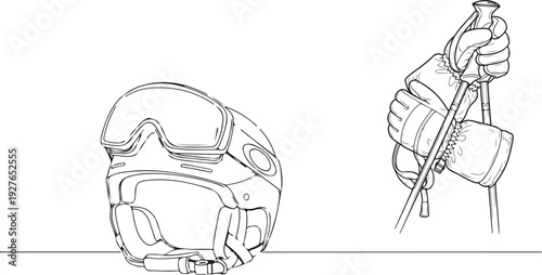 Minimalist line art featuring a professional ski helmet with goggles resting on top, paired with a detailed sketch of a gloved hand firmly gripping a ski pole.