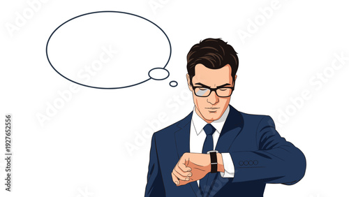 Serious businessman in a formal suit checks the time on his wristwatch while a blank thought bubble floats next to him.